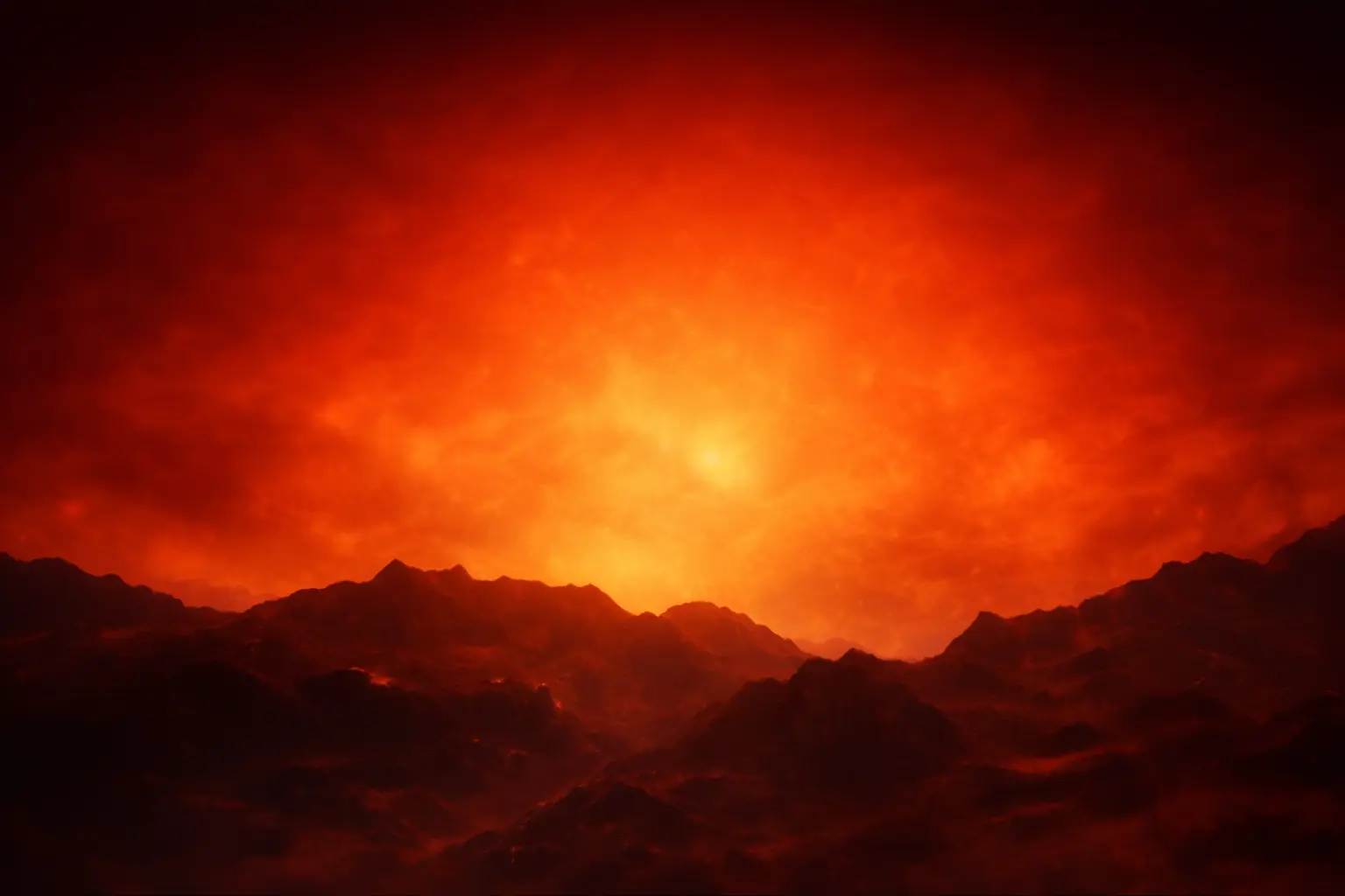 Foto de um chão de pó de pedras vulcânicas e vulcão emitindo uma luz laranja ao fundo.